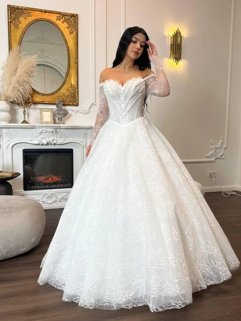 Vintage Ivory Off-the-Shoulder Long Lace Sleeve Beaded Sweetheart A-Line Wedding Dress DP8610