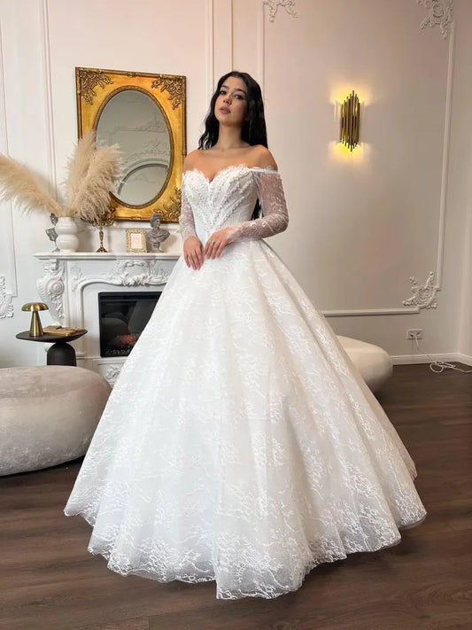 Vintage Ivory Off-the-Shoulder Long Lace Sleeve Beaded Sweetheart A-Line Wedding Dress DP8610
