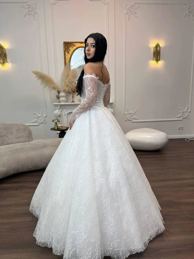 Vintage Ivory Off-the-Shoulder Long Lace Sleeve Beaded Sweetheart A-Line Wedding Dress DP8610