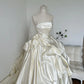 Romantic Strapless Draped Ivory Satin Wedding Dress 3D Ruffle Long Train Wedding Dress DP8588