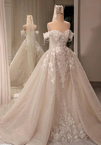 Elegant Off-the-Shoulder Sparkling Lace Long Train Beaded Floral A-Line Wedding Dress DP8596