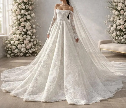 Vintage Off-the-Shoulder Long Lace Sleeve Wedding Dress Floral Lace Wedding Dress DP8606