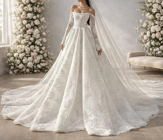 Vintage Off-the-Shoulder Long Lace Sleeve Wedding Dress Floral Lace Wedding Dress DP8606