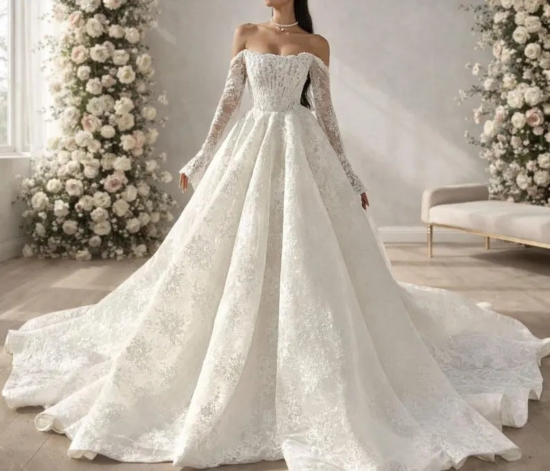 Vintage Off-the-Shoulder Long Lace Sleeve Wedding Dress Floral Lace Wedding Dress DP8606