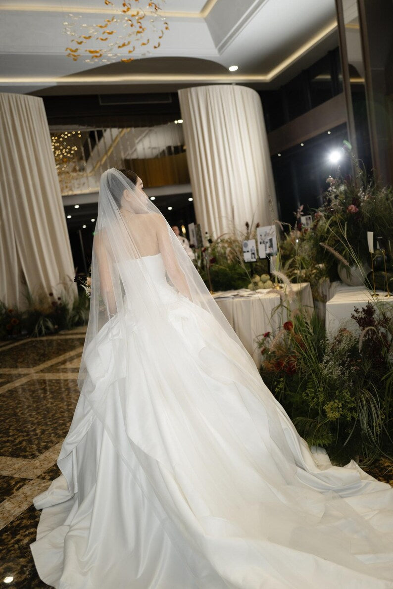 Vintage Strapless Floral Appliques Satin Tiered Ruffle A-Line Wedding Dress DP8603