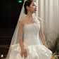 Vintage Strapless Floral Appliques Satin Tiered Ruffle A-Line Wedding Dress DP8603