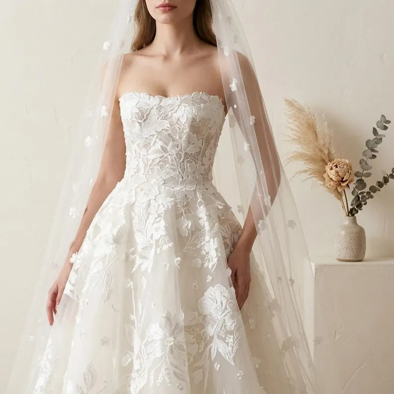 Elegant Strapless Tulle 3D Floral Lace Applique A-Line Wedding Dress DP8595