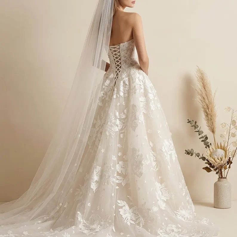 Elegant Strapless Tulle 3D Floral Lace Applique A-Line Wedding Dress DP8595