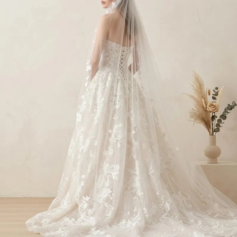Elegant Strapless Tulle 3D Floral Lace Applique A-Line Wedding Dress DP8595