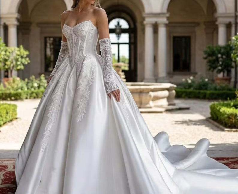 Elegant Strapless Sweetheart Corset Satin Detachable Long Lace Sleeves Embroidery Wedding Dress DP8591