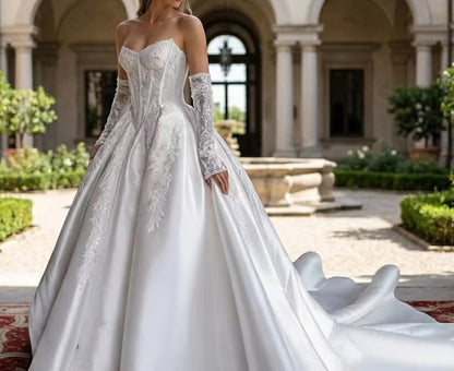 Elegant Strapless Sweetheart Corset Satin Detachable Long Lace Sleeves Embroidery Wedding Dress DP8591