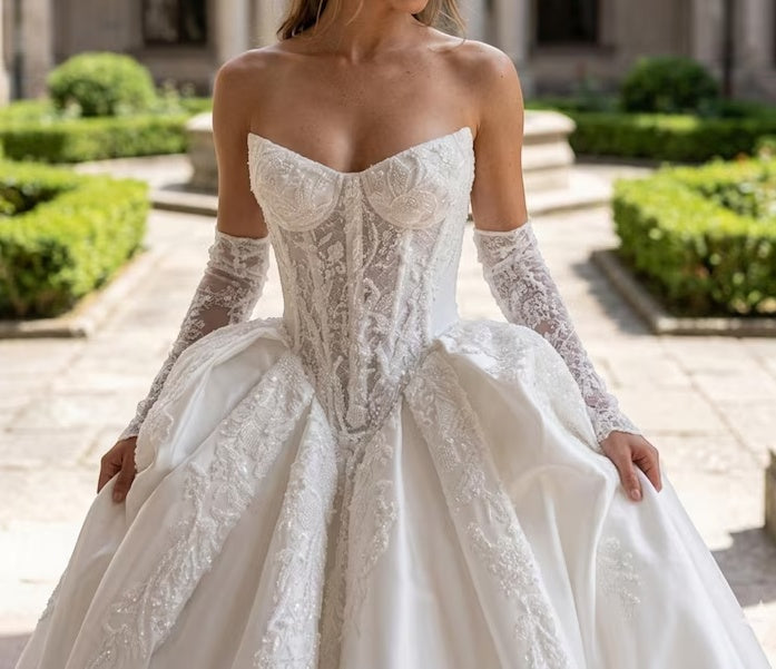 Elegant Strapless Sweetheart Corset Satin Detachable Long Lace Sleeves Embroidery Wedding Dress DP8591