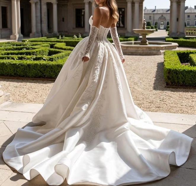 Elegant Strapless Sweetheart Corset Satin Detachable Long Lace Sleeves Embroidery Wedding Dress DP8591