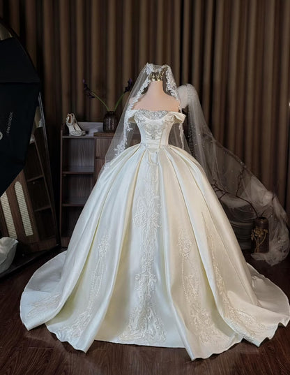 Elegant Ivory Off-the-Shoulder Satin Beaded Lace Embroidery A-Line Wedding Dress DP8592