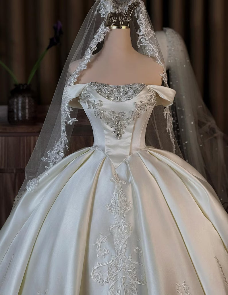 Elegant Ivory Off-the-Shoulder Satin Beaded Lace Embroidery A-Line Wedding Dress DP8592