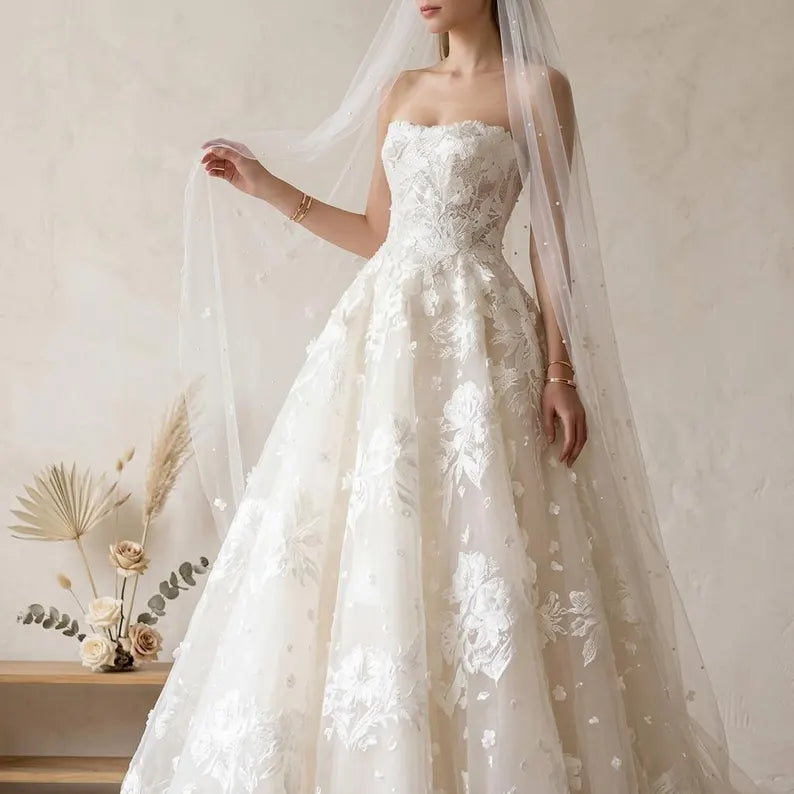 Elegant Strapless Tulle 3D Floral Lace Applique A-Line Wedding Dress DP8595