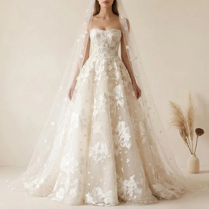 Elegant Strapless Tulle 3D Floral Lace Applique A-Line Wedding Dress DP8595