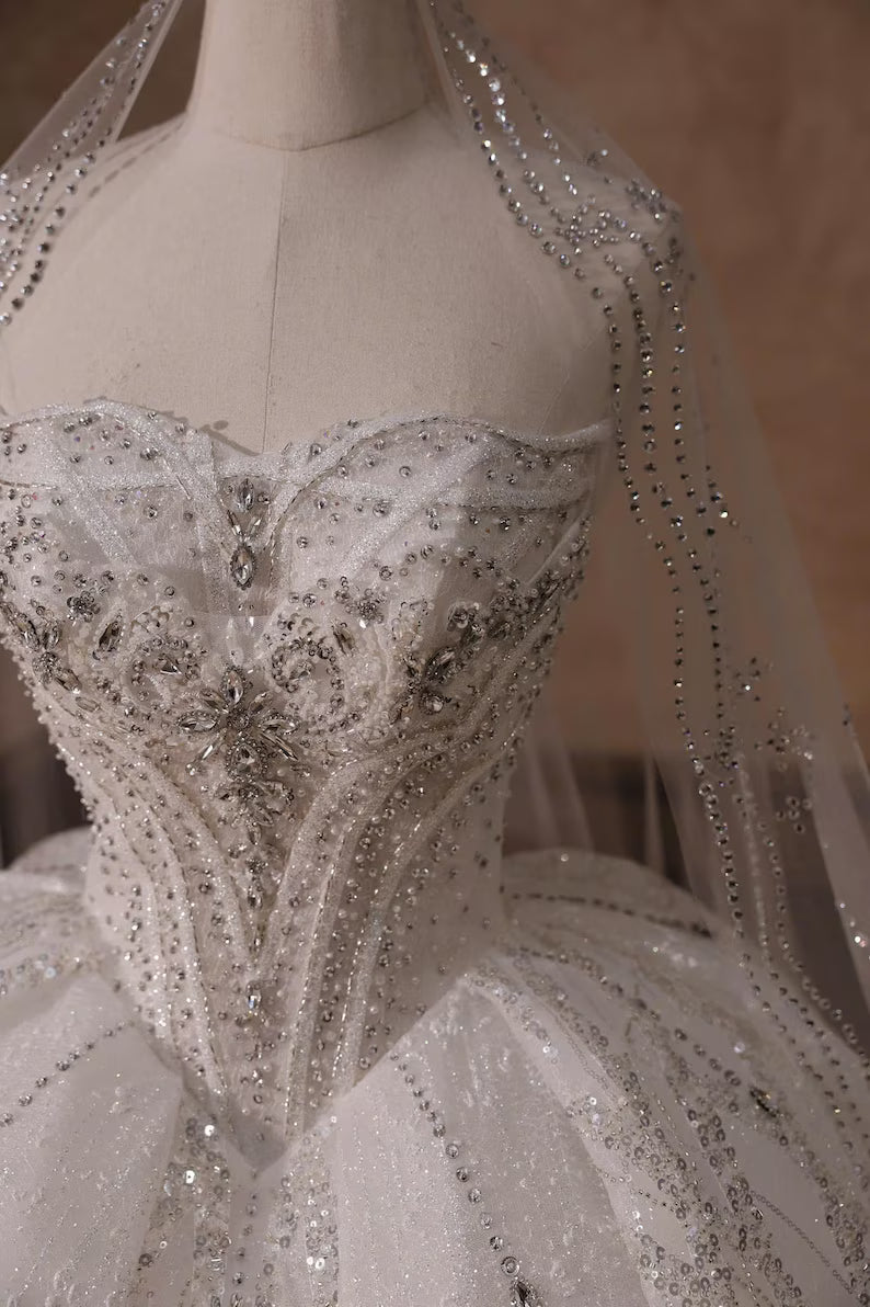 Elegant Strapless Sparkling Beaded Sequin Veil A-Line Wedding Dress DP8599