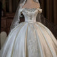 Elegant Ivory Off-the-Shoulder Satin Beaded Lace Embroidery A-Line Wedding Dress DP8592