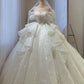 Vintage Off-the-Shoulder Sparkly Glitter Ruffle Tiered Long Train A-Line Wedding Dress DP8611