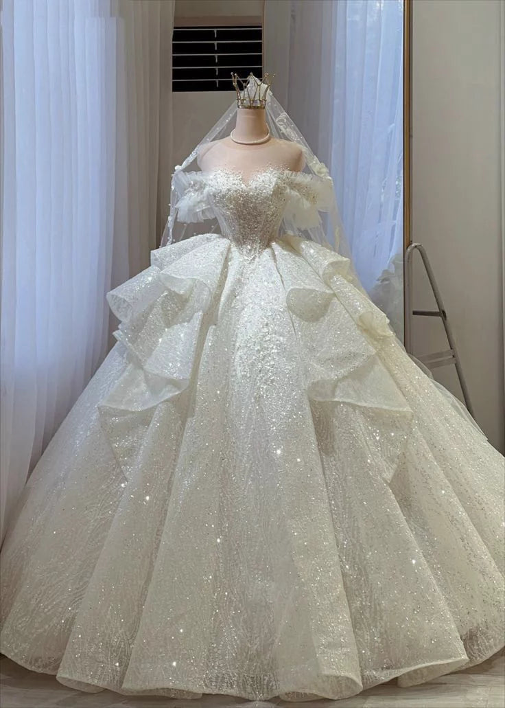Vintage Off-the-Shoulder Sparkly Glitter Ruffle Tiered Long Train A-Line Wedding Dress DP8611