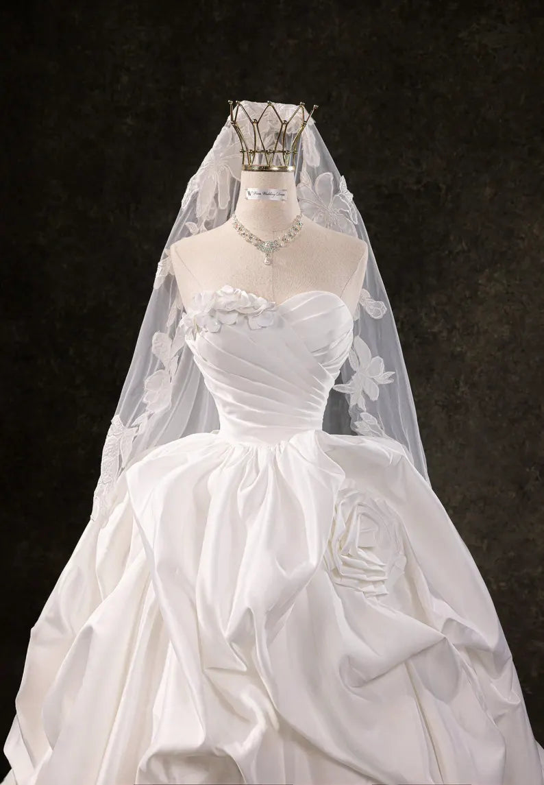 Vintage Strapless Ruched Satin 3D Floral Ruffled A-Line Wedding Dress DP8607