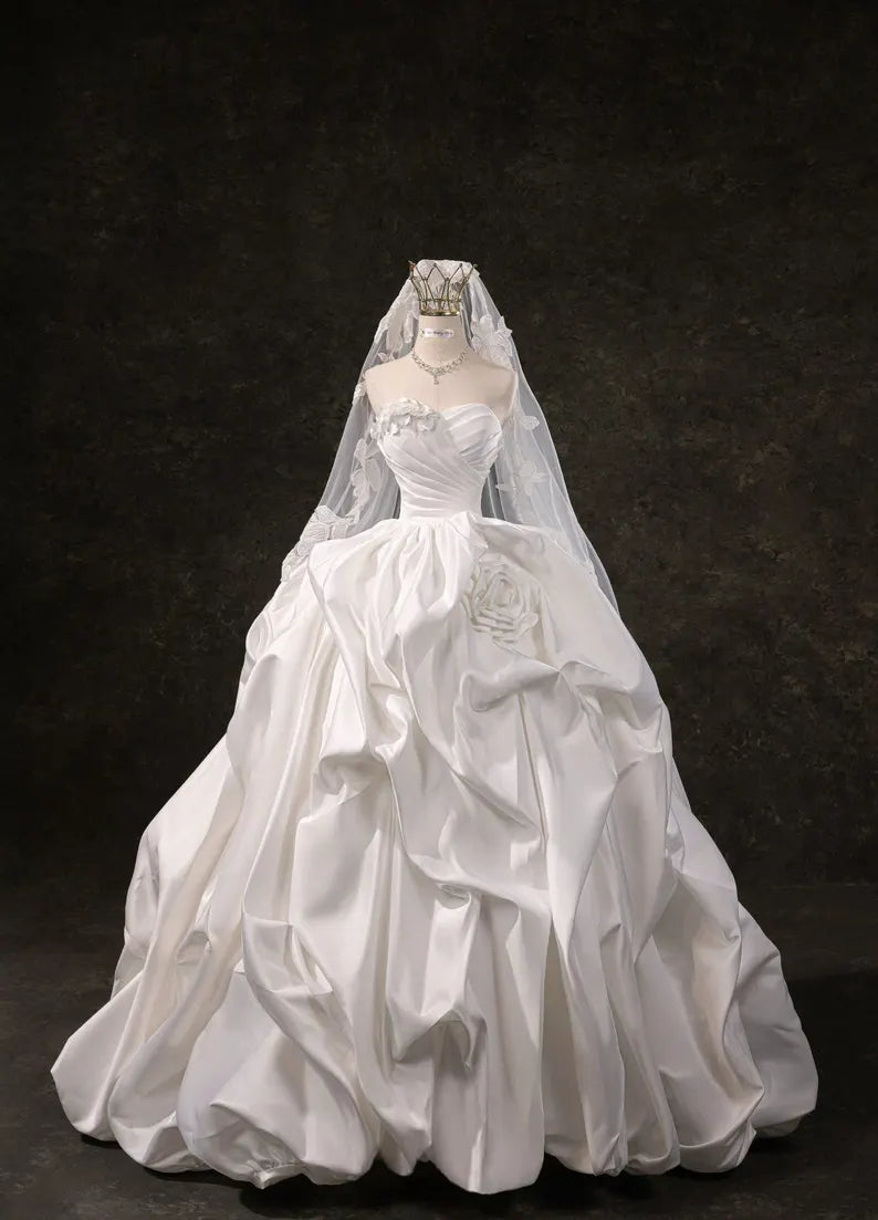 Vintage Strapless Ruched Satin 3D Floral Ruffled A-Line Wedding Dress DP8607