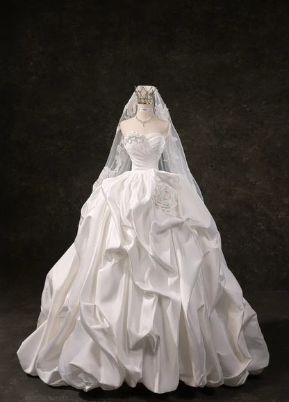 Vintage Strapless Ruched Satin 3D Floral Ruffled A-Line Wedding Dress DP8607