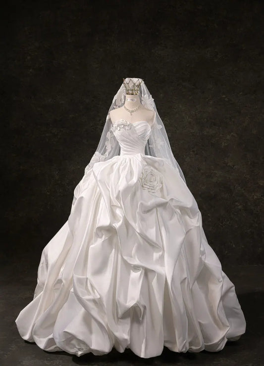 Vintage Strapless Ruched Satin 3D Floral Ruffled A-Line Wedding Dress DP8607