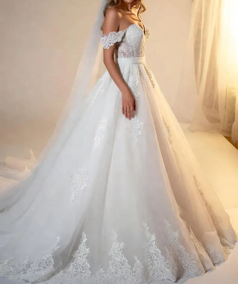 Elegant Off-the-Shoulder Sweetheart Tulle 3D Floral Lace Applique A-Line Wedding Dress DP8593