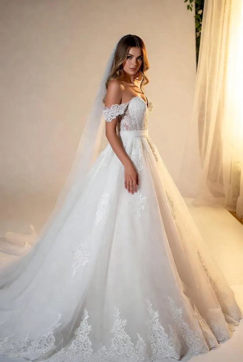 Elegant Off-the-Shoulder Sweetheart Tulle 3D Floral Lace Applique A-Line Wedding Dress DP8593