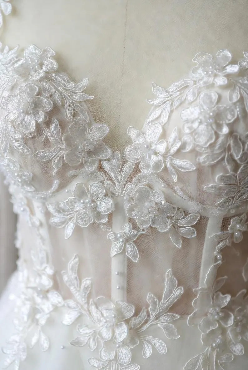 Elegant Off-the-Shoulder Sweetheart Tulle 3D Floral Lace Applique A-Line Wedding Dress DP8593