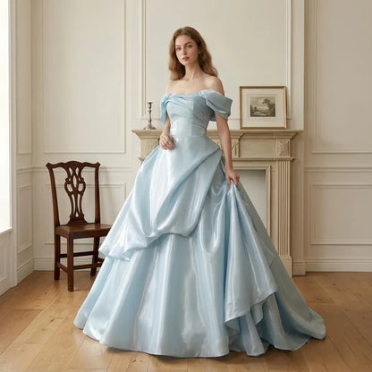 Elegant Light Blue Off-the-Shoulder Satin Ruffle Sweet 15 Quinceanera Ball Gown DP8586
