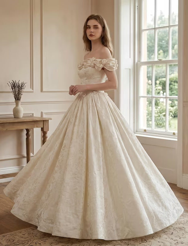 Vintage Ivory Off-the-Shoulder 3D Floral Satin Jacquard A-Line Wedding Dress DP8600