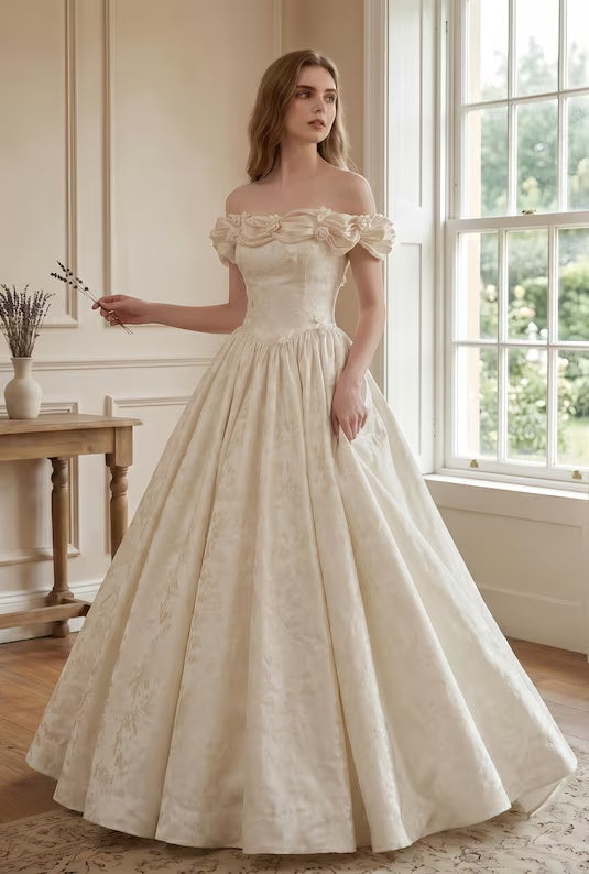 Vintage Ivory Off-the-Shoulder 3D Floral Satin Jacquard A-Line Wedding Dress DP8600