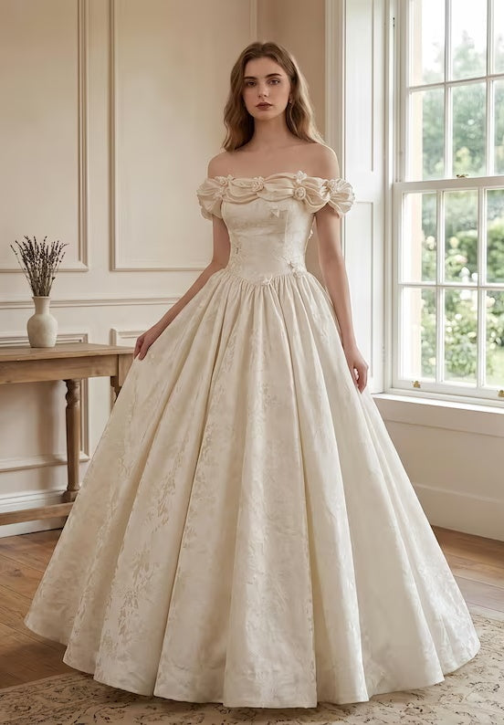 Vintage Ivory Off-the-Shoulder 3D Floral Satin Jacquard A-Line Wedding Dress DP8600