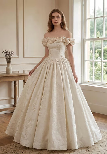 Vintage Ivory Off-the-Shoulder 3D Floral Satin Jacquard A-Line Wedding Dress DP8600