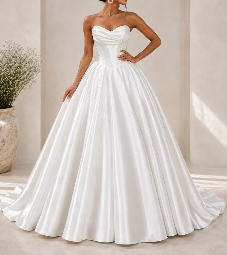 Vintage Ivory Strapless Sweetheart Satin A-Line Wedding Dress DP8602