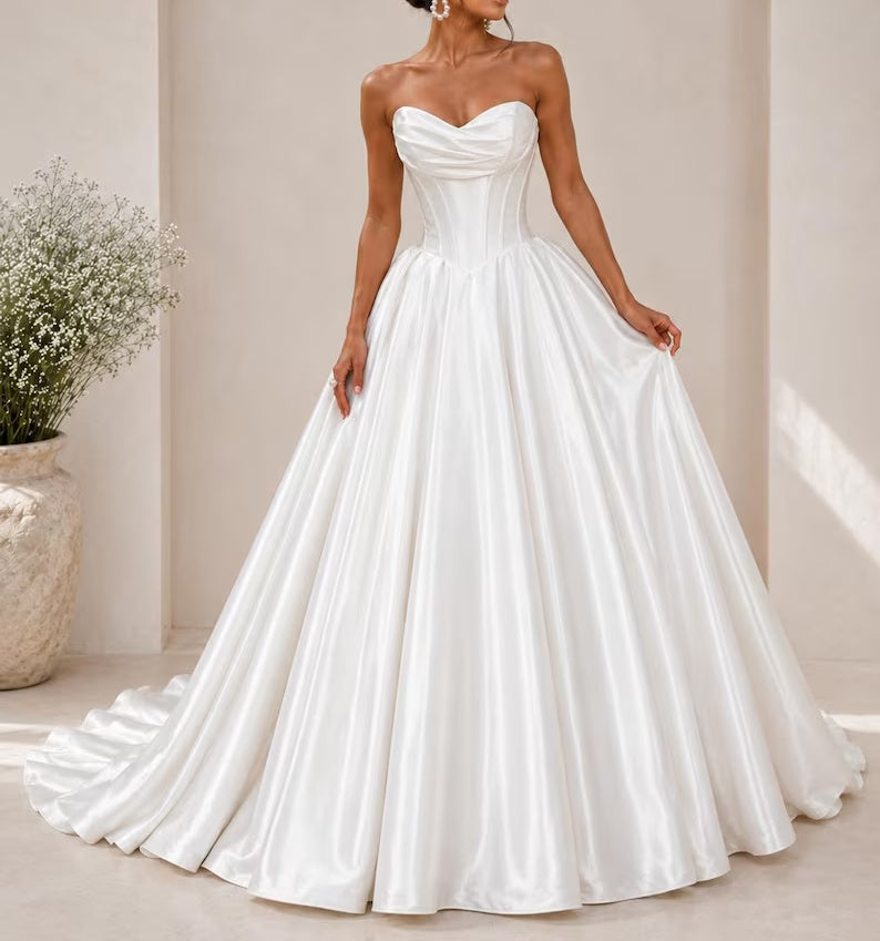 Vintage Ivory Strapless Sweetheart Satin A-Line Wedding Dress DP8602