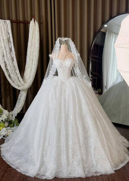 Romantic Sweetheart Sparkly Glitter Lace Veil A-Line Wedding Dress DP8587