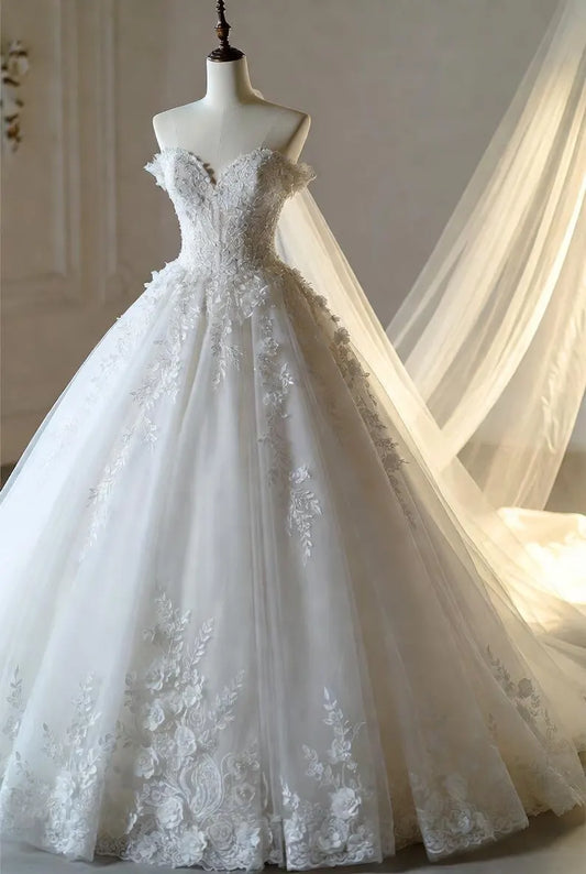 Elegant Off-the-Shoulder Sweetheart Tulle 3D Floral Lace Applique A-Line Wedding Dress DP8593