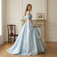 Elegant Light Blue Off-the-Shoulder Satin Ruffle Sweet 15 Quinceanera Ball Gown DP8586