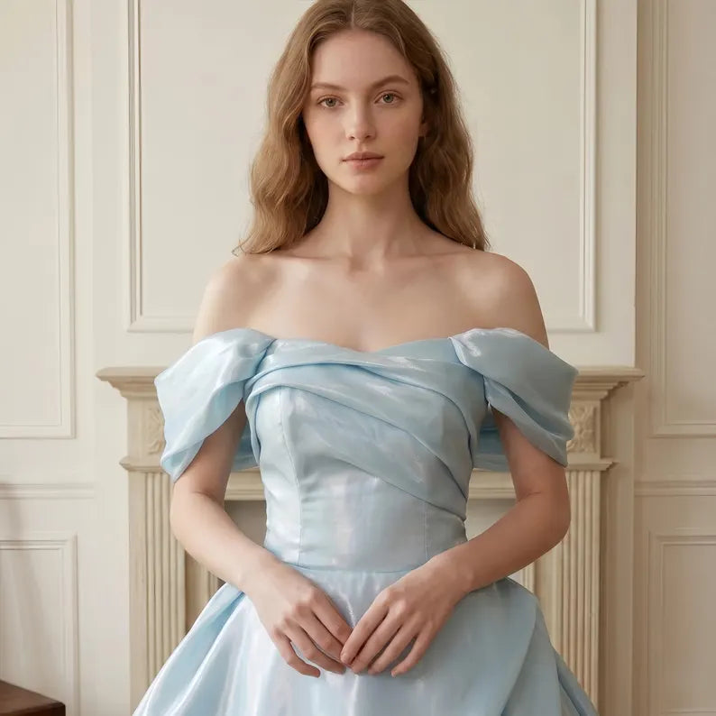 Elegant Light Blue Off-the-Shoulder Satin Ruffle Sweet 15 Quinceanera Ball Gown DP8586