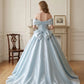 Elegant Light Blue Off-the-Shoulder Satin Ruffle Sweet 15 Quinceanera Ball Gown DP8586