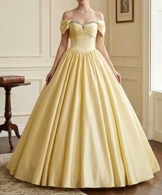 Elegant Pale Yellow Satin Off-the-Shoulder Beaded Sweetheart Sweet 15 Quinceanera Ball Gown DP8598