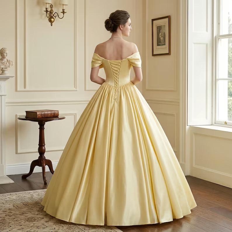 Elegant Pale Yellow Satin Off-the-Shoulder Beaded Sweetheart Sweet 15 Quinceanera Ball Gown DP8598