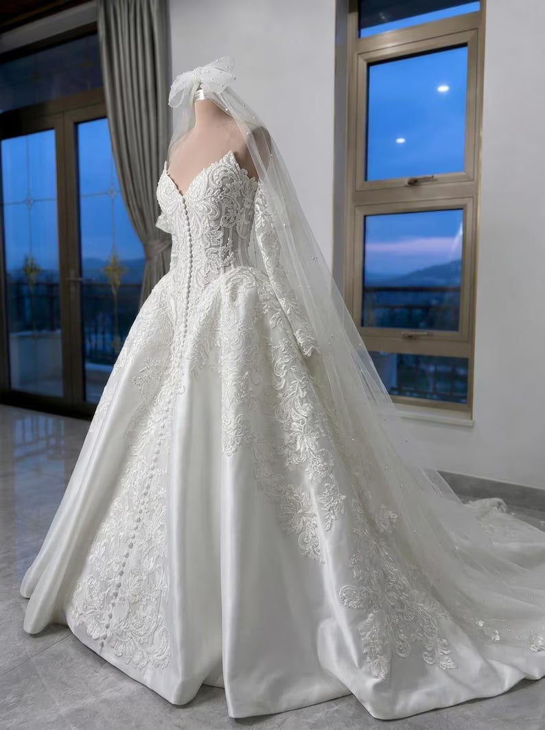 Elegant Sweetheart Off-the-Shoulder Long Sleeve Lace Satin Wedding Dress DP8590