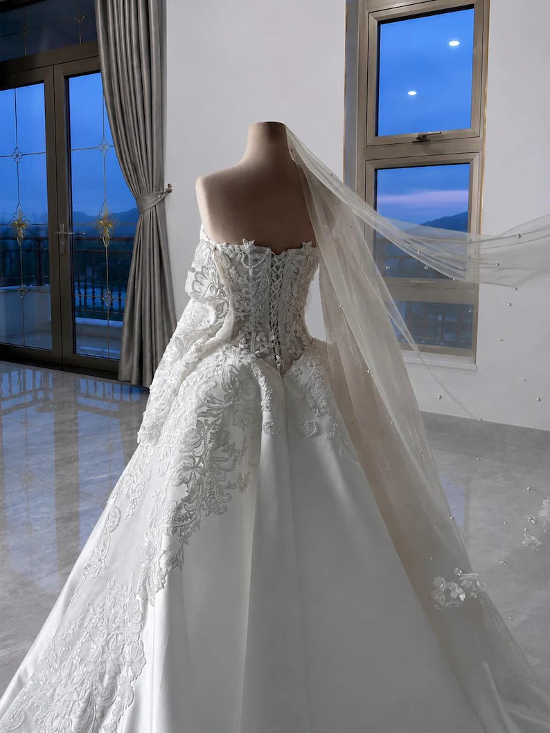 Elegant Sweetheart Off-the-Shoulder Long Sleeve Lace Satin Wedding Dress DP8590