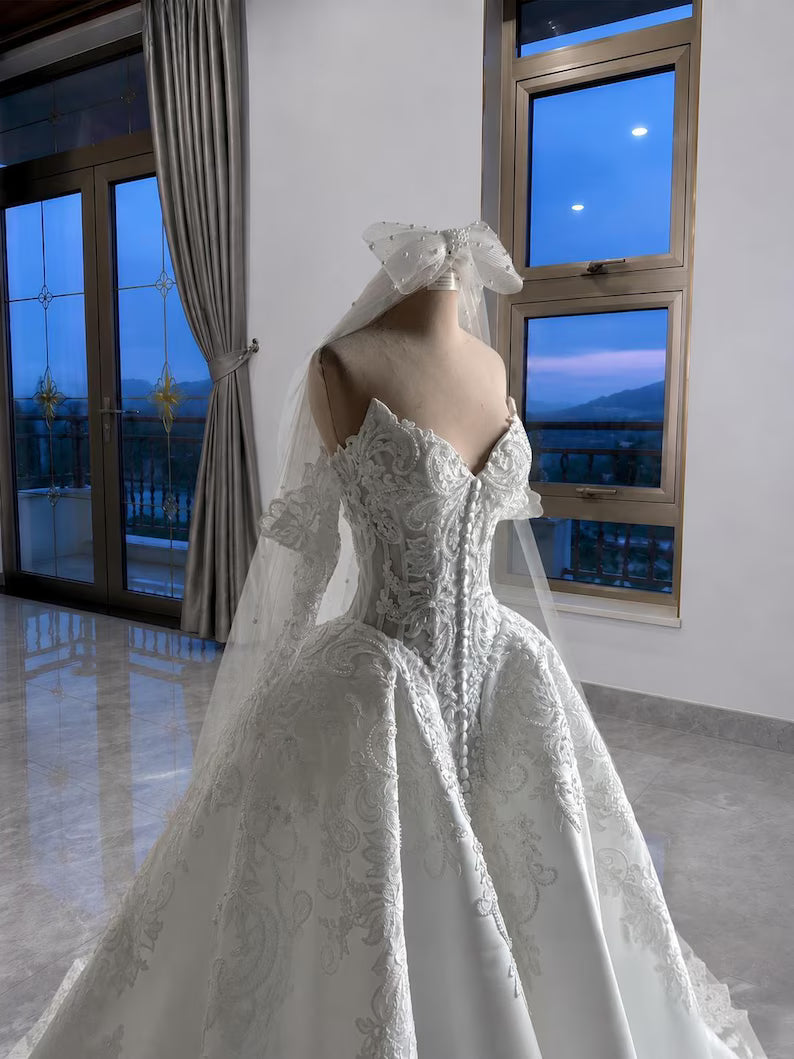 Elegant Sweetheart Off-the-Shoulder Long Sleeve Lace Satin Wedding Dress DP8590