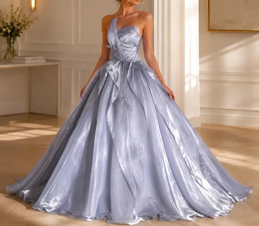 Elegant Silver Organza Strapless Sweetheart 3D Ruffle Sweet 15 Quinceanera Ball Gown DP8605
